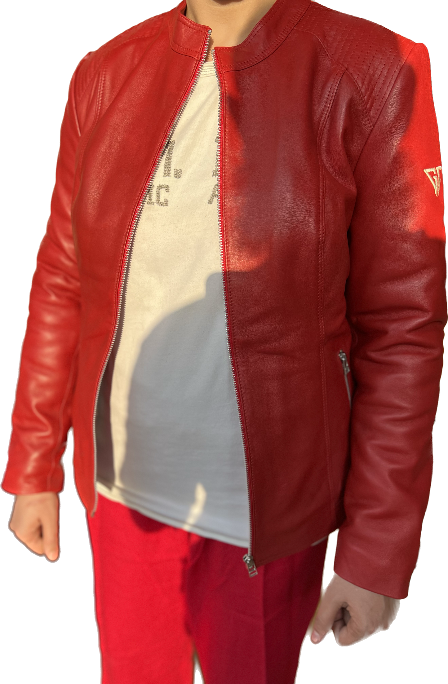 Women Lambskin Red Leather Bomber Jacket L2